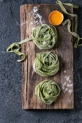 Fresh homemade green pasta tagliatelle