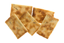 Serving Of Seasoned Rosemary And Olive Oil Crackers Top View Isolated On A White Background.