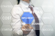 Businessman touched implement sign. Cloud word implementation icon in hexagon. Business internet concept, web technology, cloud tag, strategy, innovation, startup.