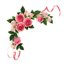 Pink Rose Flowers And Ribbons Corner Arrangement