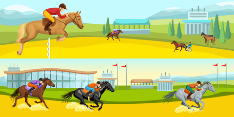 Wall Mural - Equestrian Sport Cartoon Horizontal Banners