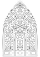 Page With Black And White Drawing Of Beautiful Medieval Gothic Window With Stained Glass And Rose  For Coloring. Worksheet For Children And Adults. Vector Image.