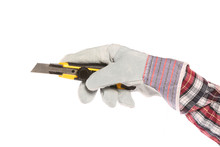 Handyman,workman Holding A Sharp Paper Cutter In Gloves