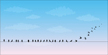 Silhouettes Of The Birds Sitting On A Wire Against The Sky Are Flies, Vector Image