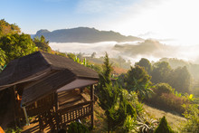 Wooden House On Mountains In Morning In Mae Hong Son