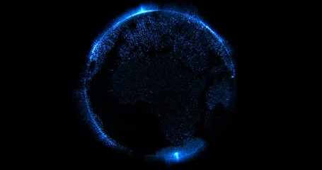 Wall Mural - 3d rendering of blue particles sparkle glitter with shape of detailed virtual planet earth world globe on black background, new technology concept with alpha, channel, matte