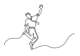 continuous line drawing of cheerful jumping businessman