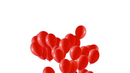 Sticker - Red balloons in the shape of a heart. Congratulation to the holiday. Background with colorful balls.