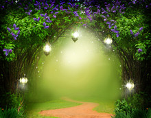 Fantasy  Background . Magic Forest With Road.