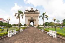 Vientiane, Laos - Aug 20 - Patuxay Monument Is A Famous Landmark