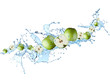 Splash with green apple isolated on white background. Abstract water with fresh fruits. 