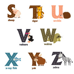 Wall Mural - alphabet with animals S to Z  - vector illustration, eps