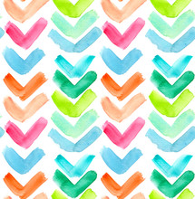 Seamless Pattern With Pink, Orange, Green, Teal And Turquoise Blue Ticks And Zigzags Painted In Watercolor On White Isolated Background
