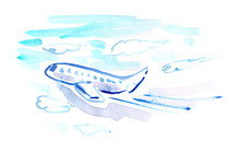 Big Abstract White Airplane Taking Off Into Clear Turquoise Blue Sky Painted In Watercolor On Clean White Background