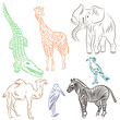 Colorful Hand Drawn African Animals and Birds. Doodle Drawings of Elephant, Zebra, Giraffe, Camel, Marabou and Secretary-bird. Sketch Style. Vector Illustration.