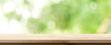Wood Table Top On Natural Bokeh Green Background, Panoramic Banner