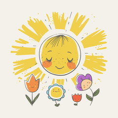 Wall Mural - Cute little sun and flowers cartoon hand drawn vector illustration. Can be used for baby t-shirt print, fashion print design, kids wear, baby shower celebration greeting and invitation card.