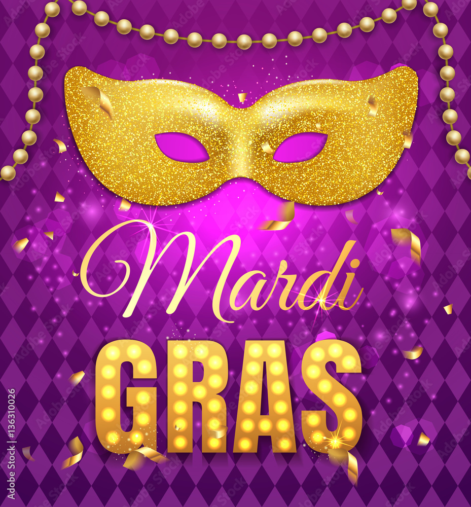 Gold glitter mask for Mardi Gras Tuesday carnival party poster on purple background with rhombus texture and confetti. Celebration greeting card. Vector illustration - obrazy, fototapety, plakaty 