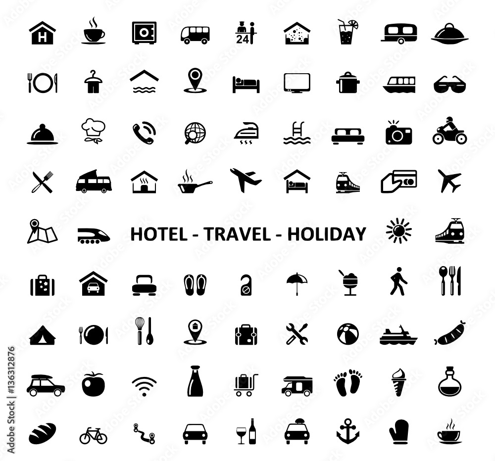 Icons Hotel Travel Holiday - obrazy, fototapety, plakaty 