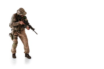 man in military outfit of the American trooper in modern times on a white background in studio