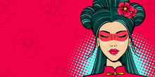Pop Art Female Face. Young Sexy Asian Woman With Eyes Closed In A Sling And Flowers On Her Head On Flower And Halftone Background. Vector Illustration In Retro Comic Style. Party Invitation Poster.