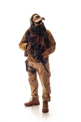 Sticker - man military outfit a soldier in modern times on a white background in studio