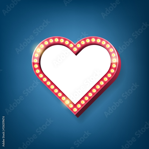 Heart light frame. Electric bulbs billboard. vector illustration
