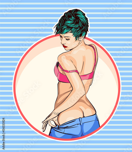 Obraz w ramie Pretty lady underwear. Short cuts hair. Vector stock image.