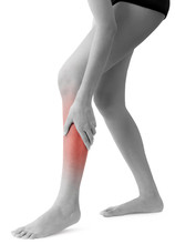 Woman Holding  With Massaging Shin And Calf In Pain Area Black And White Color With Red Highlighted, Isolated On White Background.