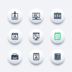 Sticker - office icons set, documents, reports, folders, schedule, calendar, fax, printer, vector illustration