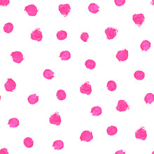 Pink, Magenta Watercolor Hand Painted Polka Dot Seamless Pattern On White Background. Acrylic Circles, Confetti Round Texture. Abstract Illustration For Fabric Textile, Design Greeting Cards.