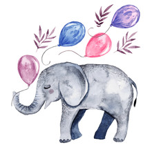 Cute Illustration With Baby Elephant And Balloons