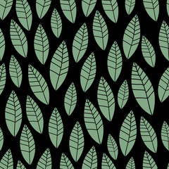 Wall Mural - Stylish leaves on black background. Seamless pattern. Hand drawn vector illustration. Nature Wrapping paper. 