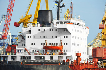 Bulk cargo ship under port crane