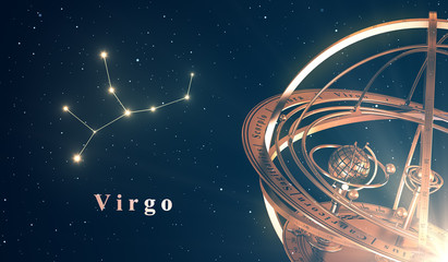 Wall Mural - zodiac constellation virgo and armillary sphere over blue background