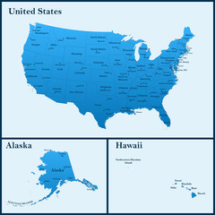 The detailed map of the USA including Alaska and Hawaii. The United States of America with the capitals and the biggest cities