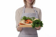 © dream@do - Smiling Woman holding Vegetables isolated on white background. Street market, organic food, local business concept