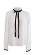 Elegant white blouse with frills around the collar and sleeves,