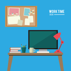 Canvas Print - work time desk space laptop lamp notice board vector illustration eps 10