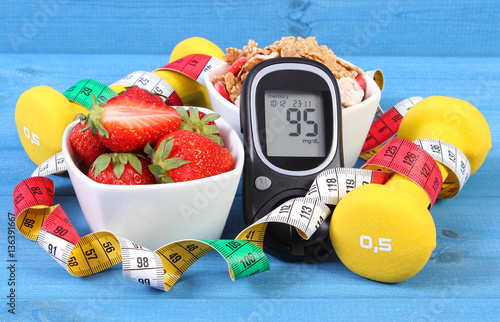 Cuadros en Lienzo Glucometer with sugar level, healthy food, dumbbells and centimeter, diabetes, h