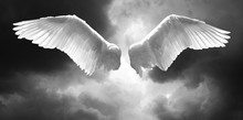 Angel Wings With Background Made Of Stormy Sky And Clouds In Black And White Colors