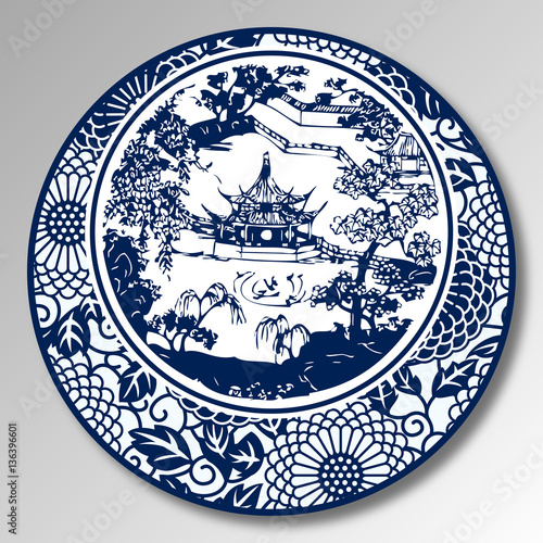 Fényképezés Chinese Traditional Blue And White Porcelain, A Chinese Garden