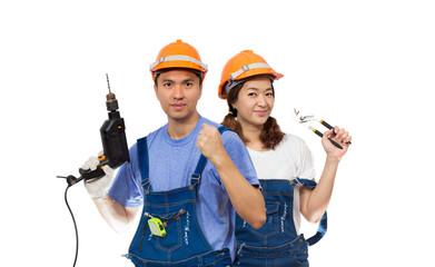 funny happy asian couple with repairing tools, isolated on white for Home Improvement, Renovation Set and DIY concept