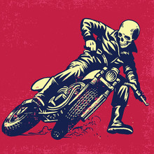 Hand Drawing Of Skull Riding A Vintage Motorcycle