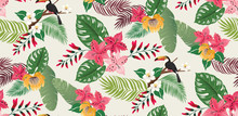  Vector Illustration Of A Seamless Tropical Floral Pattern In Summer With Birds For Wedding Invitations And Birthday Cards And Background. 
