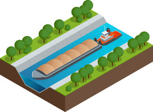 Isometric Barge On A River. Very Large Ship. Containerized Trade, Liquid Bulk And Dry Bulk Shipping. International Shipping.