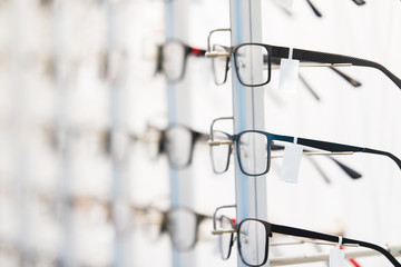 Row of eyeglass at an opticians store