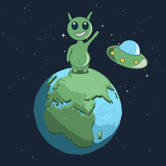 Wall Mural - cute alien stand on earth and welcomes us