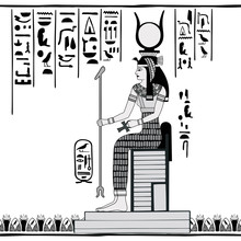Vector Illustration Of Egyptian National Drawing. Sun Ra Goddess Sitting On A Throne.