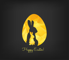 Happy Easter Greeting Card In Low Poly Triangle Style. Flat Design Polygon Of Golden Easter Egg And Bunny Isolated On Black Background